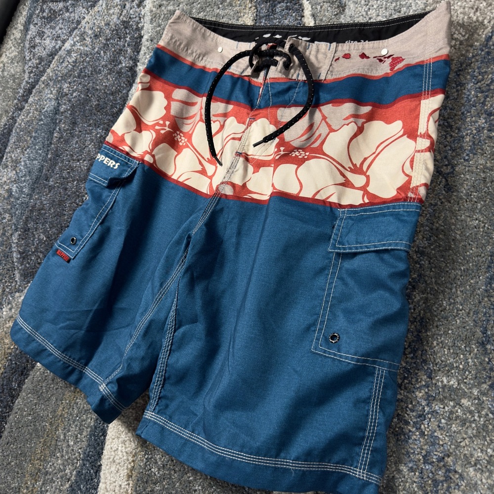 Maui Rippers Board Shorts Mens 34 Blue Red Hibiscus Floral Tropical Surf Trunks